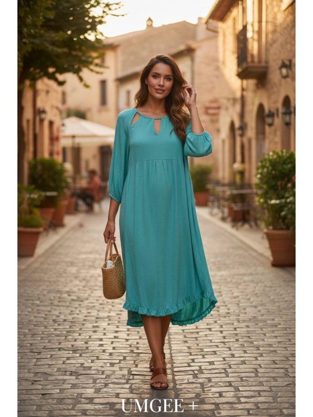 Umgee+ Turquoise Linen-Cotton Midi Dress 3/4 Sleeves Keyhole Neckline Ruffled He - Picture 3 of 12